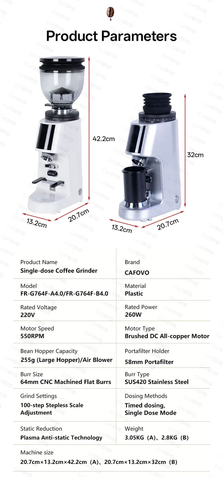 CAFOVO G764F Coffee Burr Grinder 64mm Flat Burr Coffee Grinder 100-Step Adjustment Time Quantification MIller for Home Barista