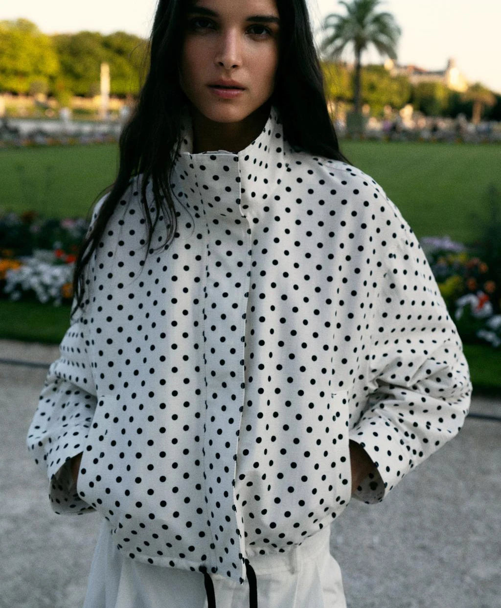 Women's Polka Dot Bubble Sleeve Long Sleeve High Collar Jacket Waist Tie Splice Design Commute Style Loose Fit Polyester Fiber