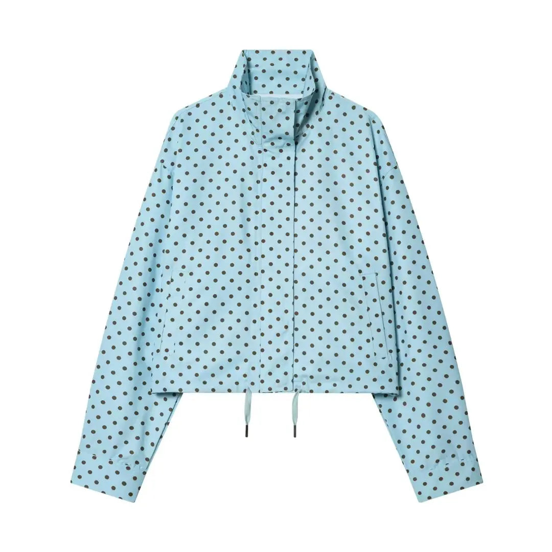 YENKYE New 2026 Women's Red Polka Dot Cropped Jacket Stand Collar Drawstring Waist Long Sleeve Casual Loose  Outerwear